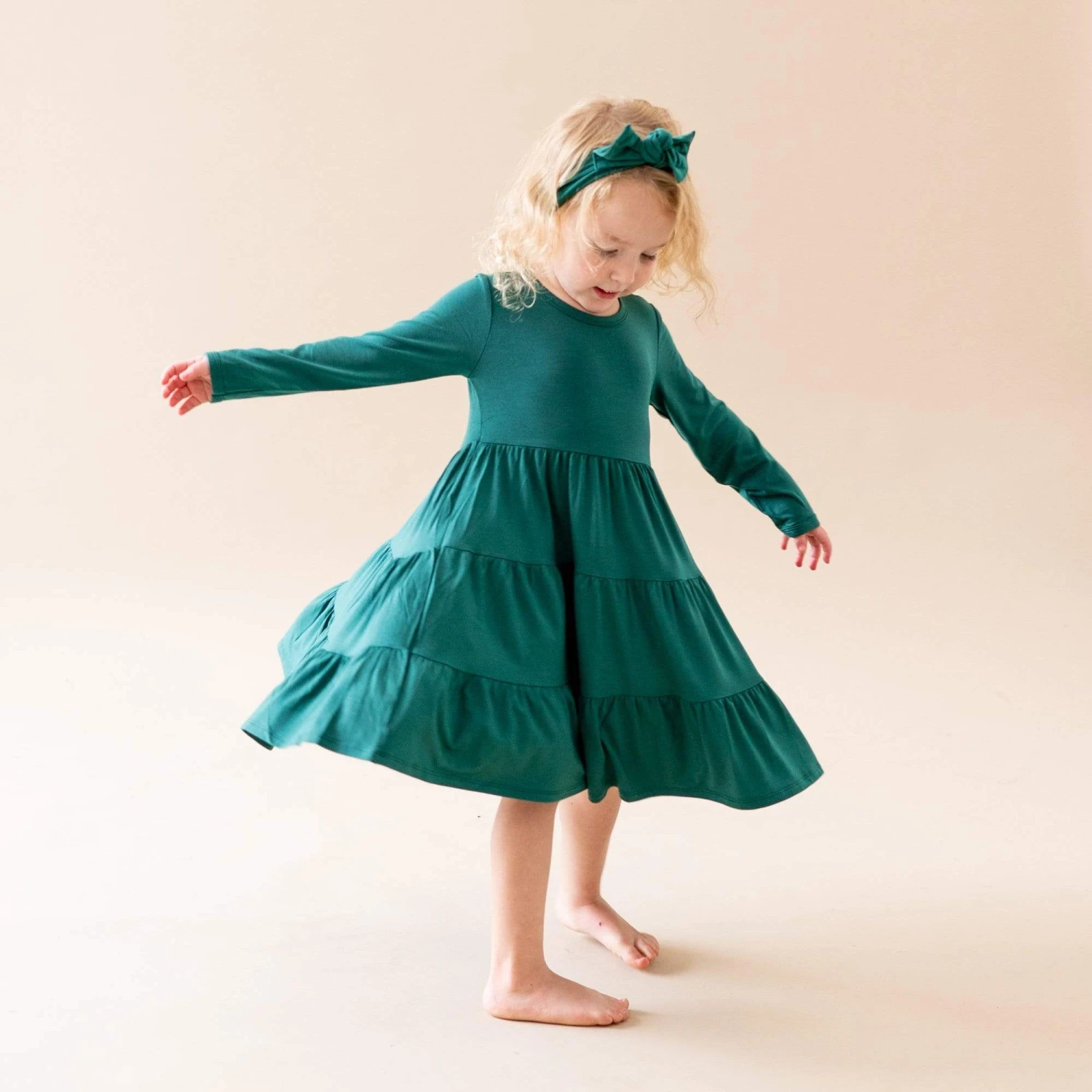 Long Sleeve Tiered Dress In Emerald 3 Long Sleeve Tiered Dress In Emerald - Image 3